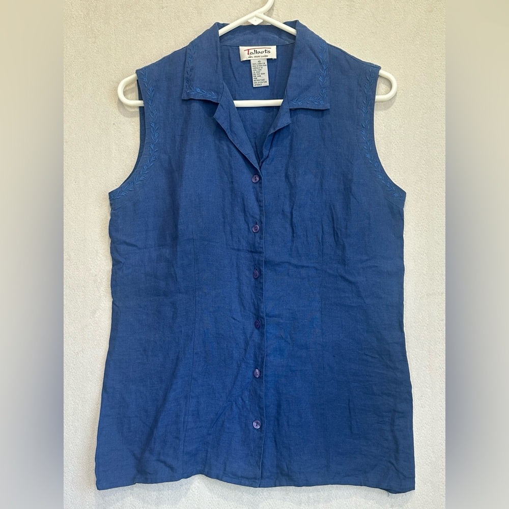 Talbots 100% Irish Linen Button Sleeveless Top Sz 10 Embroidered Casual Coastal